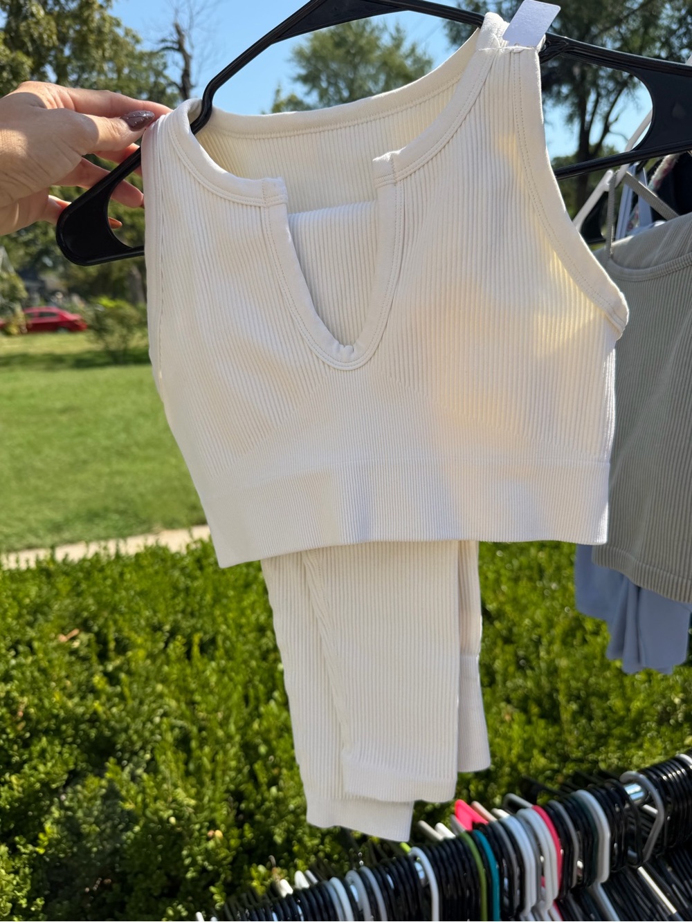 Ribbed Cream V-Neck Crop Tank and Pants Set